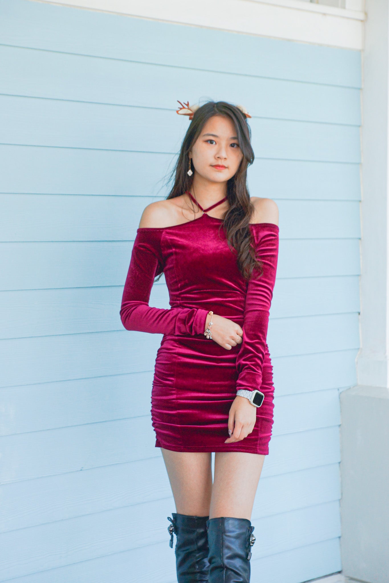 Tied-Neck Velvet Dress - Apple’s Farm