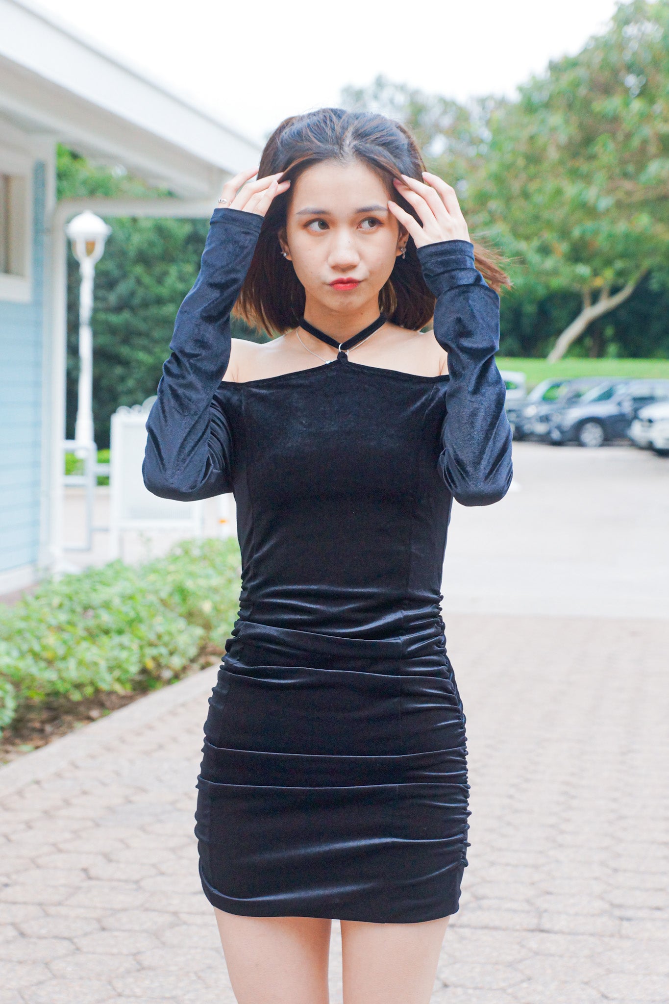 Tied-Neck Velvet Dress - Apple’s Farm