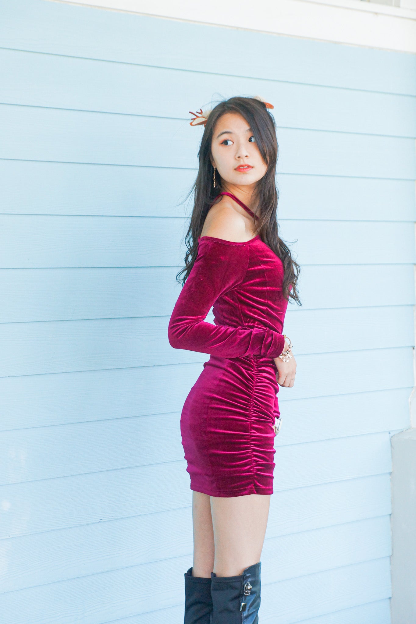Tied-Neck Velvet Dress - Apple’s Farm